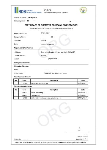 Certificate of domestic company registration