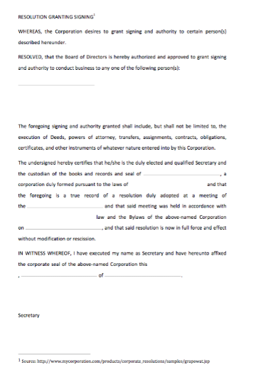Resolution granting signing